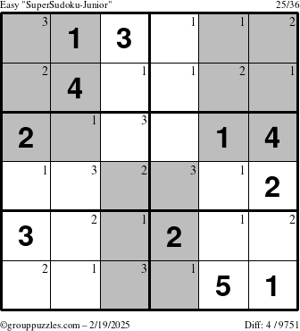 The grouppuzzles.com Easy SuperSudoku-Junior puzzle for Wednesday February 19, 2025 with the first 3 steps marked