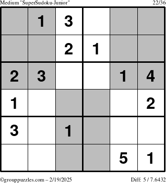 The grouppuzzles.com Medium SuperSudoku-Junior puzzle for Wednesday February 19, 2025