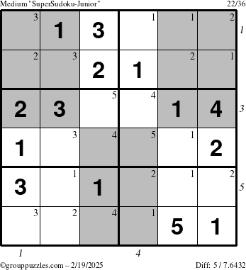 The grouppuzzles.com Medium SuperSudoku-Junior puzzle for Wednesday February 19, 2025 with all 5 steps marked