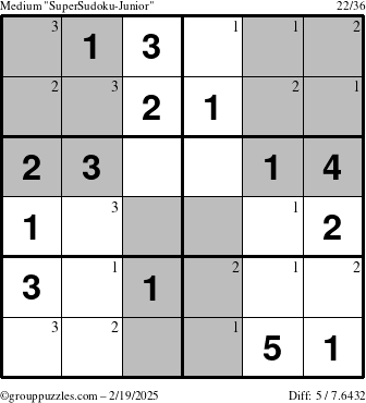 The grouppuzzles.com Medium SuperSudoku-Junior puzzle for Wednesday February 19, 2025 with the first 3 steps marked