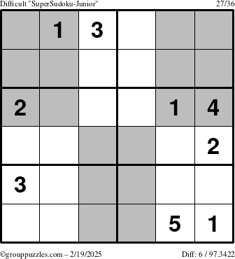 The grouppuzzles.com Difficult SuperSudoku-Junior puzzle for Wednesday February 19, 2025