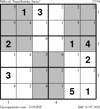 The grouppuzzles.com Difficult SuperSudoku-Junior puzzle for Wednesday February 19, 2025 with all 6 steps marked