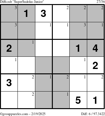 The grouppuzzles.com Difficult SuperSudoku-Junior puzzle for Wednesday February 19, 2025 with the first 3 steps marked