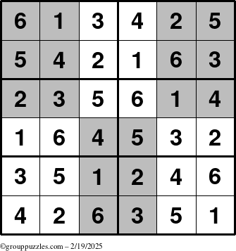 The grouppuzzles.com Answer grid for the SuperSudoku-Junior puzzle for Wednesday February 19, 2025