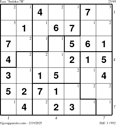 The grouppuzzles.com Easy Sudoku-7B puzzle for Wednesday February 19, 2025 with all 3 steps marked