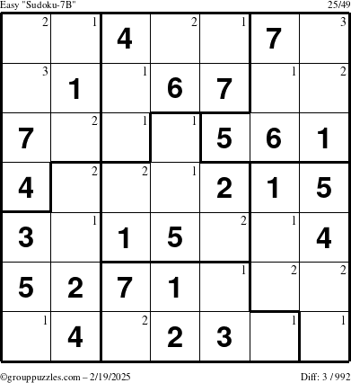 The grouppuzzles.com Easy Sudoku-7B puzzle for Wednesday February 19, 2025 with the first 3 steps marked