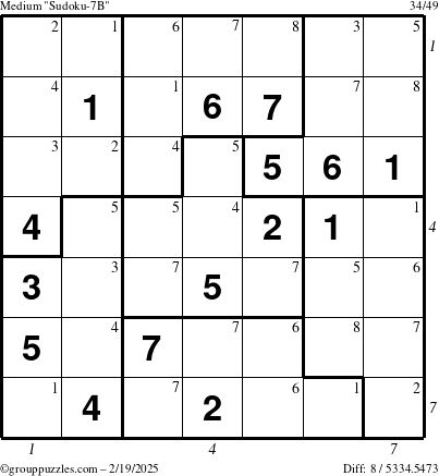 The grouppuzzles.com Medium Sudoku-7B puzzle for Wednesday February 19, 2025 with all 8 steps marked