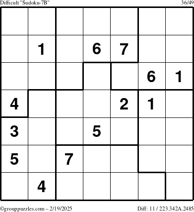 The grouppuzzles.com Difficult Sudoku-7B puzzle for Wednesday February 19, 2025