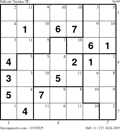 The grouppuzzles.com Difficult Sudoku-7B puzzle for Wednesday February 19, 2025 with all 11 steps marked