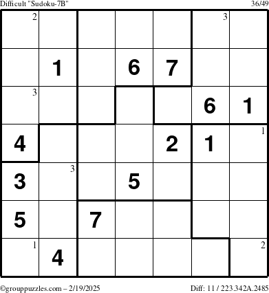 The grouppuzzles.com Difficult Sudoku-7B puzzle for Wednesday February 19, 2025 with the first 3 steps marked