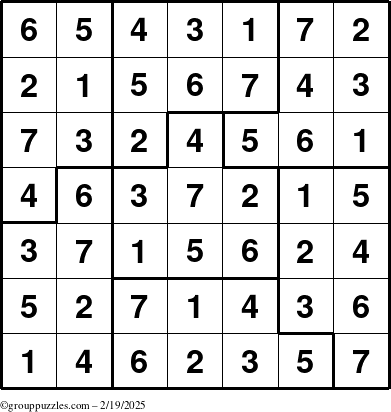 The grouppuzzles.com Answer grid for the Sudoku-7B puzzle for Wednesday February 19, 2025