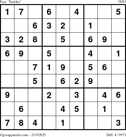 The grouppuzzles.com Easy Sudoku puzzle for Wednesday February 19, 2025