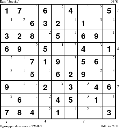 The grouppuzzles.com Easy Sudoku puzzle for Wednesday February 19, 2025 with all 4 steps marked