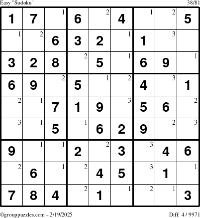 The grouppuzzles.com Easy Sudoku puzzle for Wednesday February 19, 2025 with the first 3 steps marked