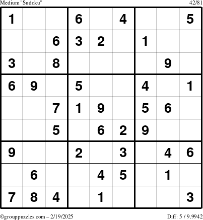 The grouppuzzles.com Medium Sudoku puzzle for Wednesday February 19, 2025