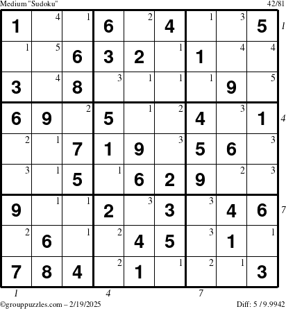 The grouppuzzles.com Medium Sudoku puzzle for Wednesday February 19, 2025 with all 5 steps marked