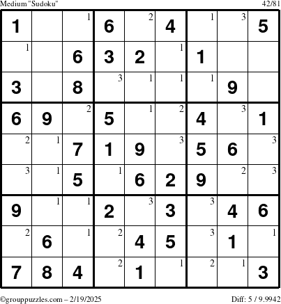 The grouppuzzles.com Medium Sudoku puzzle for Wednesday February 19, 2025 with the first 3 steps marked