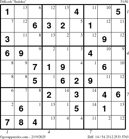 The grouppuzzles.com Difficult Sudoku puzzle for Wednesday February 19, 2025 with all 14 steps marked