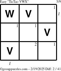 The grouppuzzles.com Easy TicTac-VWX puzzle for Wednesday February 19, 2025 with all 2 steps marked