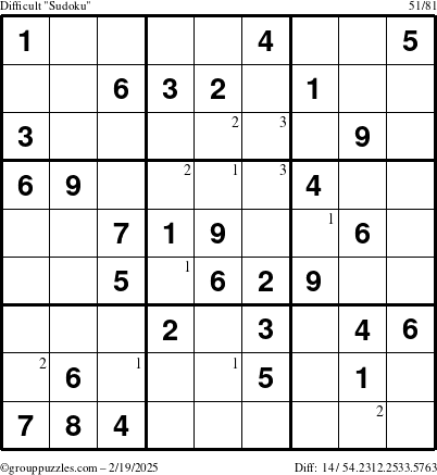 The grouppuzzles.com Difficult Sudoku puzzle for Wednesday February 19, 2025 with the first 3 steps marked