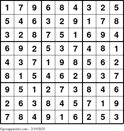 The grouppuzzles.com Answer grid for the Sudoku puzzle for Wednesday February 19, 2025