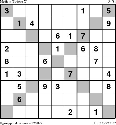 The grouppuzzles.com Medium Sudoku-X puzzle for Wednesday February 19, 2025