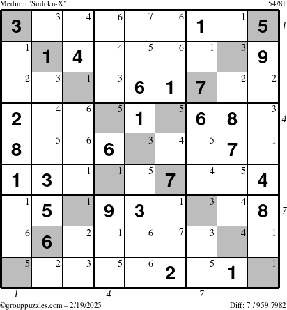 The grouppuzzles.com Medium Sudoku-X puzzle for Wednesday February 19, 2025, suitable for printing, with all 7 steps marked