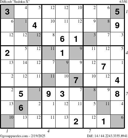 The grouppuzzles.com Difficult Sudoku-X puzzle for Wednesday February 19, 2025 with all 14 steps marked