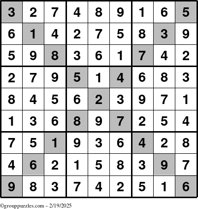 The grouppuzzles.com Answer grid for the Sudoku-X puzzle for Wednesday February 19, 2025