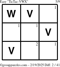 The grouppuzzles.com Easy TicTac-VWX puzzle for Wednesday February 19, 2025 with the first 2 steps marked