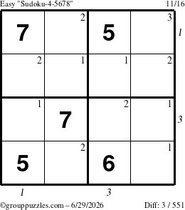 The grouppuzzles.com Easy Sudoku-4-5678 puzzle for Monday June 29, 2026, suitable for printing, with all 3 steps marked