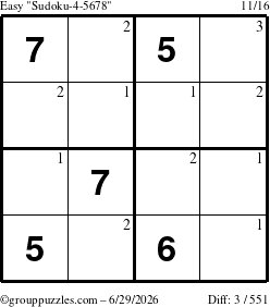 The grouppuzzles.com Easy Sudoku-4-5678 puzzle for Monday June 29, 2026 with the first 3 steps marked
