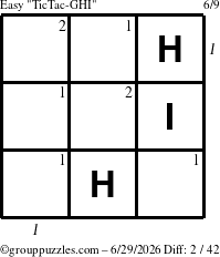 The grouppuzzles.com Easy TicTac-GHI puzzle for Monday June 29, 2026, suitable for printing, with all 2 steps marked