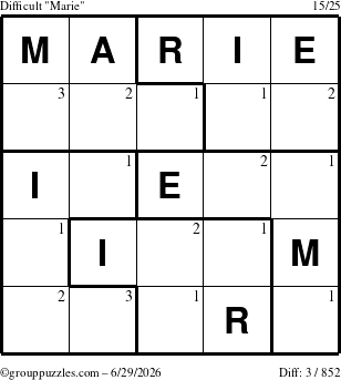 The grouppuzzles.com Difficult Marie puzzle for Monday June 29, 2026 with the first 3 steps marked