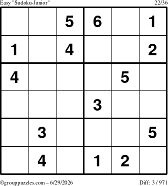 The grouppuzzles.com Easy Sudoku-Junior puzzle for Monday June 29, 2026
