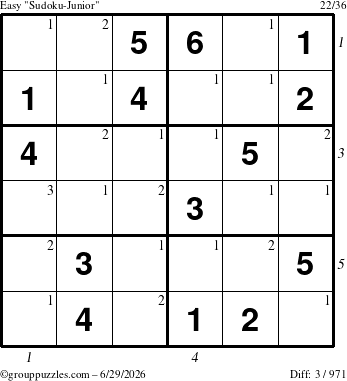 The grouppuzzles.com Easy Sudoku-Junior puzzle for Monday June 29, 2026, suitable for printing, with all 3 steps marked