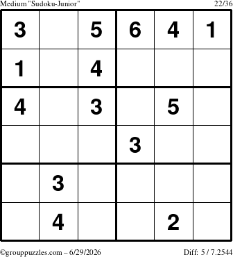 The grouppuzzles.com Medium Sudoku-Junior puzzle for Monday June 29, 2026