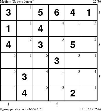 The grouppuzzles.com Medium Sudoku-Junior puzzle for Monday June 29, 2026 with all 5 steps marked