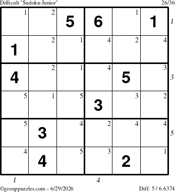 The grouppuzzles.com Difficult Sudoku-Junior puzzle for Monday June 29, 2026, suitable for printing, with all 5 steps marked