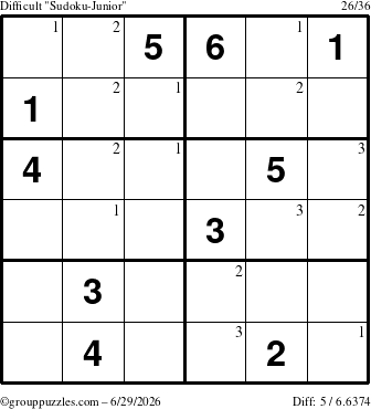 The grouppuzzles.com Difficult Sudoku-Junior puzzle for Monday June 29, 2026 with the first 3 steps marked