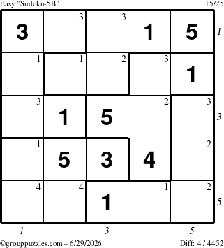 The grouppuzzles.com Easy Sudoku-5B puzzle for Monday June 29, 2026, suitable for printing, with all 4 steps marked