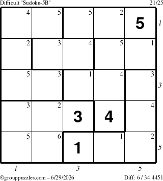 The grouppuzzles.com Difficult Sudoku-5B puzzle for Monday June 29, 2026 with all 6 steps marked