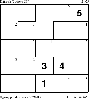 The grouppuzzles.com Difficult Sudoku-5B puzzle for Monday June 29, 2026 with the first 3 steps marked