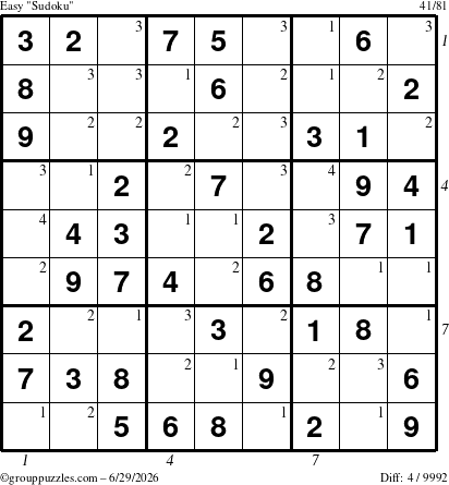 The grouppuzzles.com Easy Sudoku puzzle for Monday June 29, 2026 with all 4 steps marked
