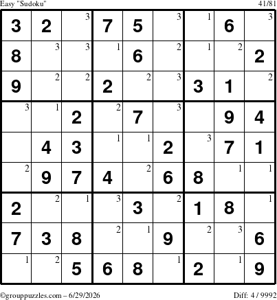 The grouppuzzles.com Easy Sudoku puzzle for Monday June 29, 2026 with the first 3 steps marked