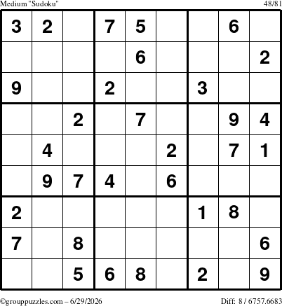 The grouppuzzles.com Medium Sudoku puzzle for Monday June 29, 2026