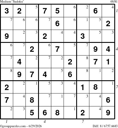 The grouppuzzles.com Medium Sudoku puzzle for Monday June 29, 2026 with all 8 steps marked
