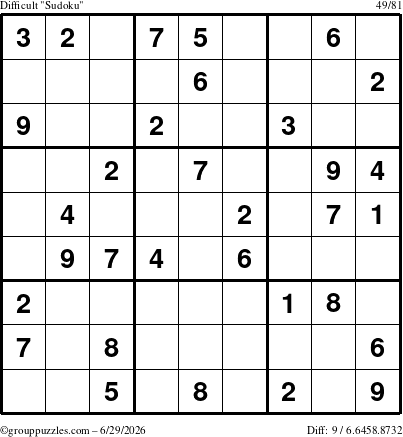 The grouppuzzles.com Difficult Sudoku puzzle for Monday June 29, 2026