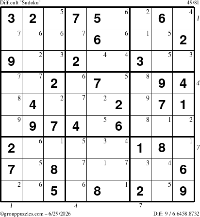 The grouppuzzles.com Difficult Sudoku puzzle for Monday June 29, 2026 with all 9 steps marked