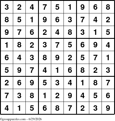 The grouppuzzles.com Answer grid for the Sudoku puzzle for Monday June 29, 2026